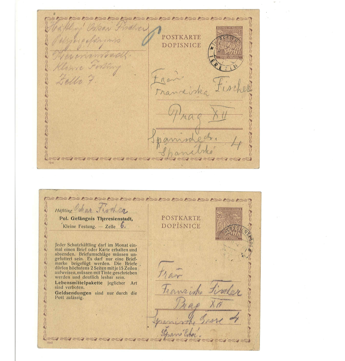 Two postcards from the Small Fortress, in Fischer's hand