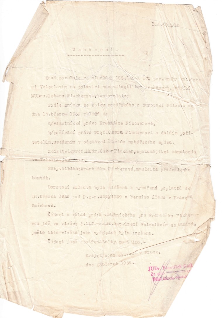 The deed of donation, Prague-Smíchov, 17 March 1939